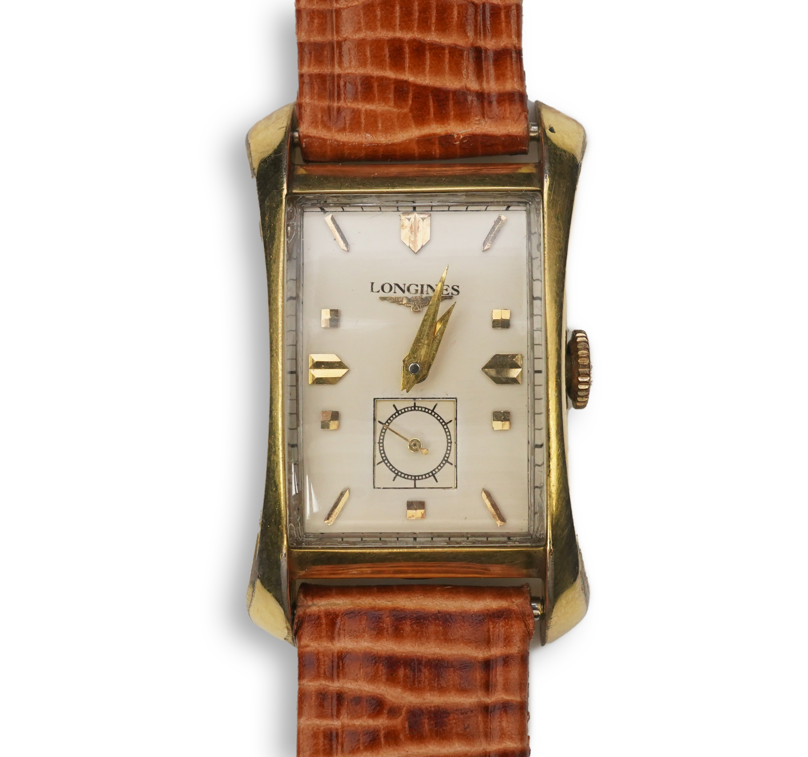 A gentleman's 1950's 10k gold filled Longines manual wind wrist watch, on a later associated leather strap